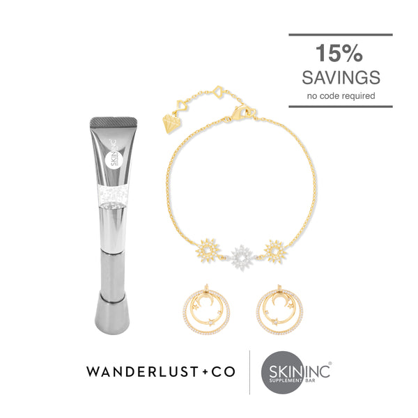 Timeless Glow:  De-Age LED EMS Skin Booster & Wanderlust+Co Midnight Hour Gold Earrings & Sunlit Trio Gold Bracelet