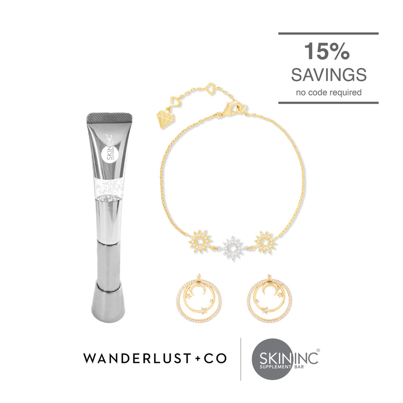 Timeless Glow:  De-Age LED EMS Skin Booster & Wanderlust+Co Midnight Hour Gold Earrings & Sunlit Trio Gold Bracelet