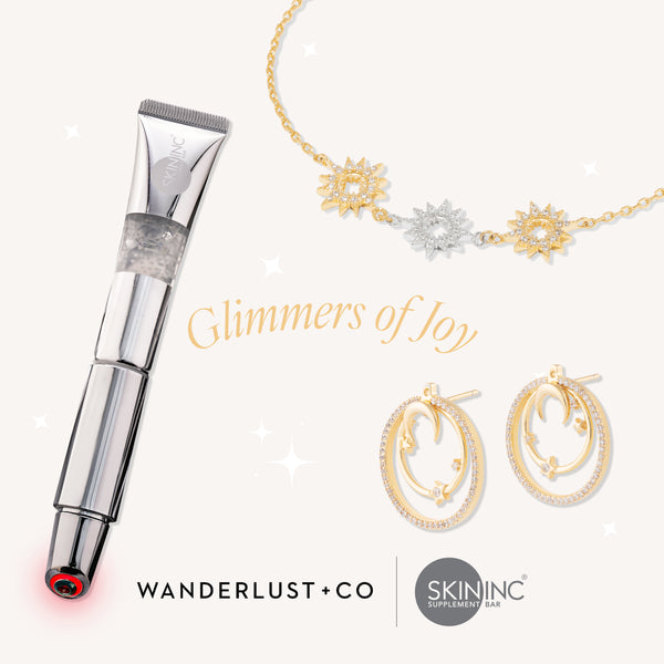 Timeless Glow:  De-Age LED EMS Skin Booster & Wanderlust+Co Midnight Hour Gold Earrings & Sunlit Trio Gold Bracelet