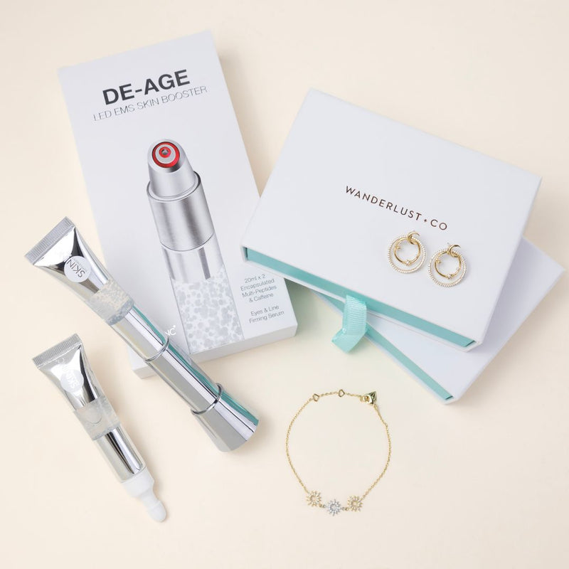 Timeless Glow:  De-Age LED EMS Skin Booster & Wanderlust+Co Midnight Hour Gold Earrings & Sunlit Trio Gold Bracelet